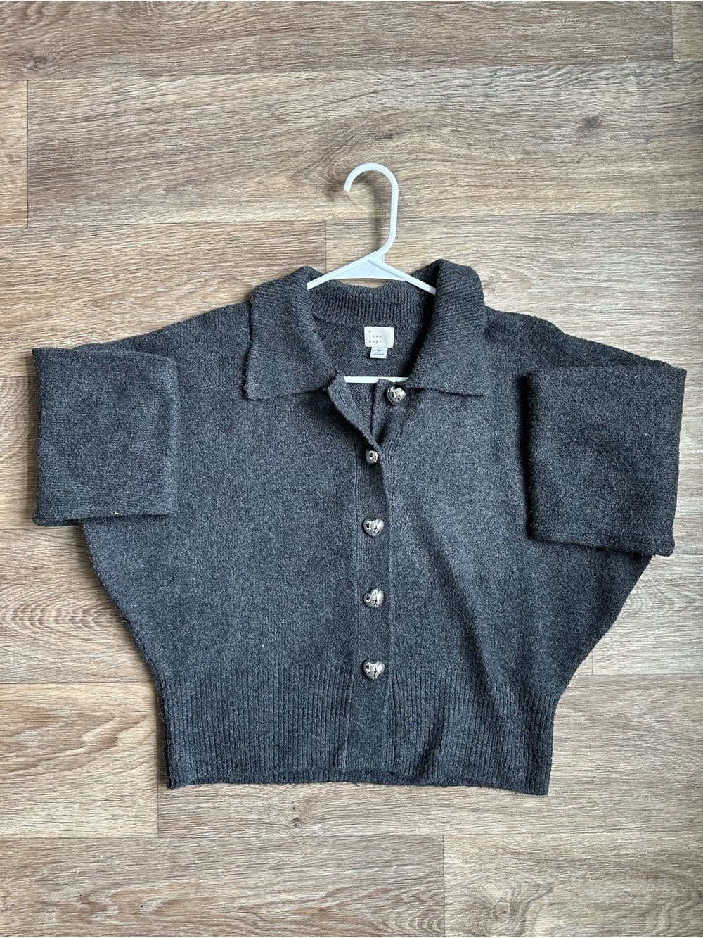 A New Day Charcoal Gray Heart Button Cardigan Sweater Size M Cozy Minimalist